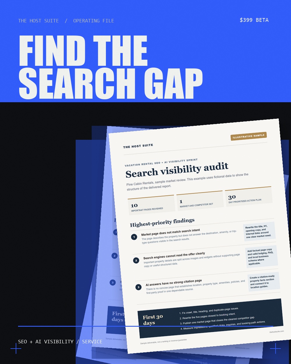 Cold blue product cover for the Vacation Rental SEO and AI Visibility Sprint