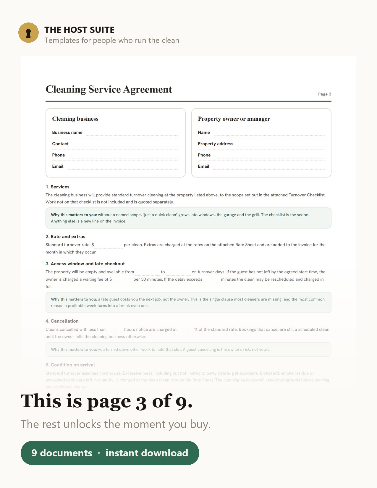 Preview of the cleaning service agreement page