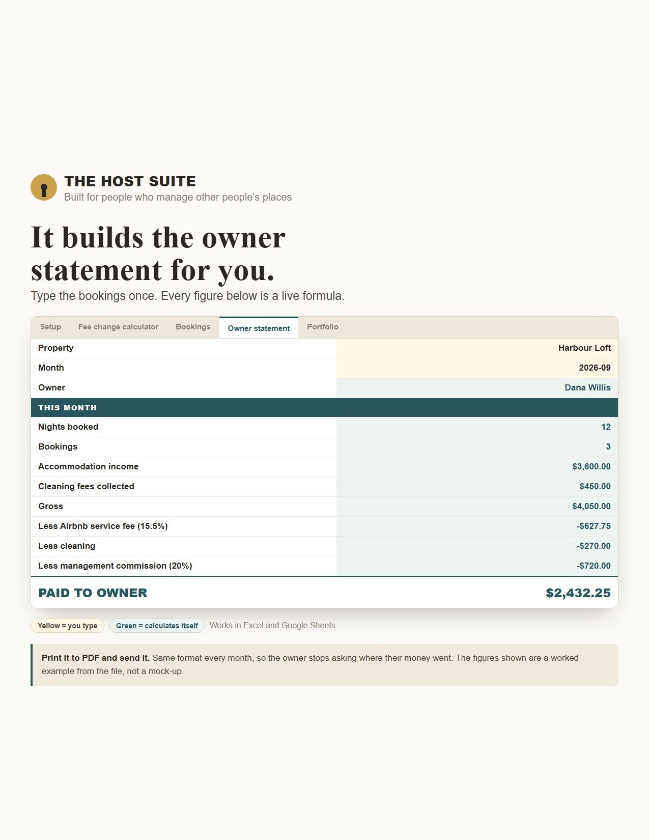 The owner statement tab, filled in with a worked example