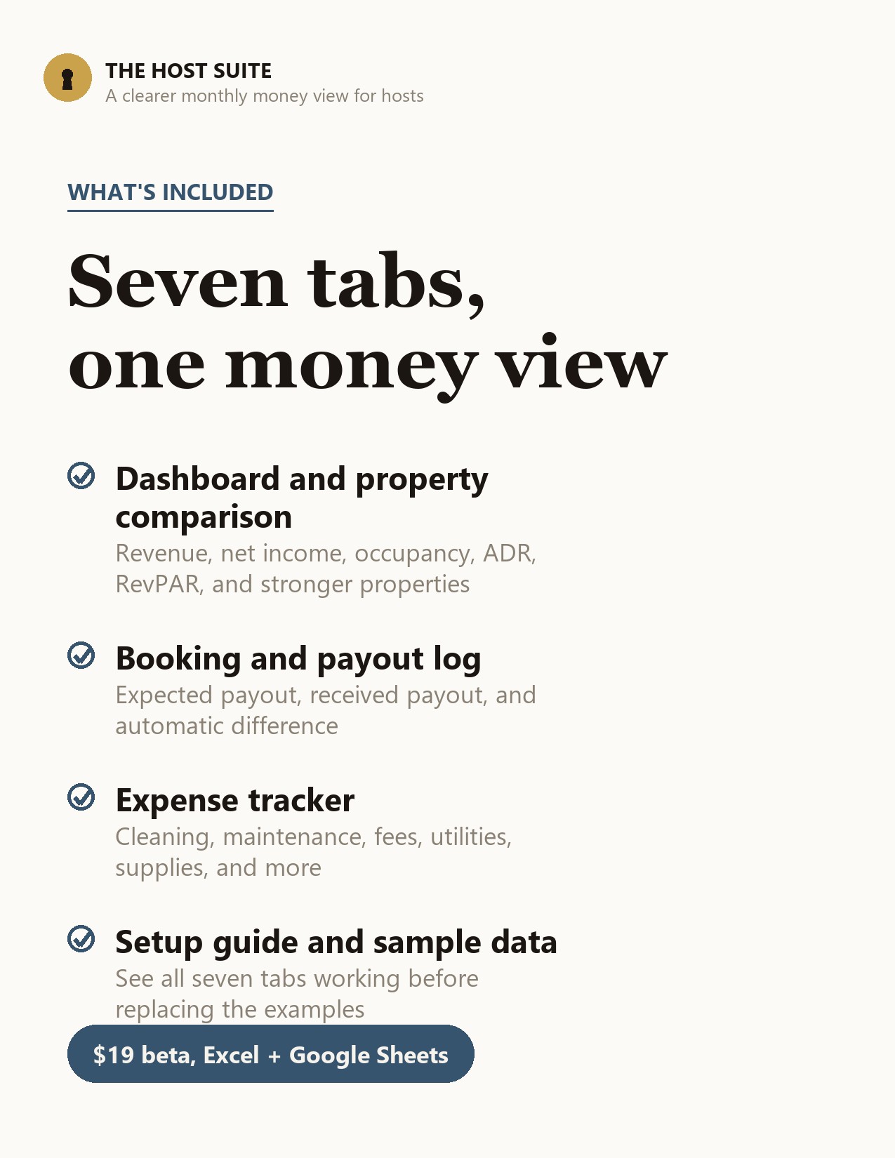 Seven workbook tabs and included features