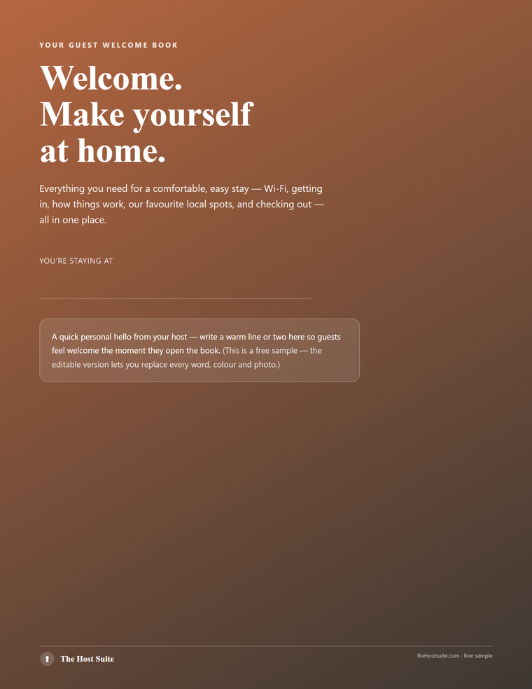 Cover page of the free Airbnb welcome book template — a warm terracotta welcome cover with a personal note from the host