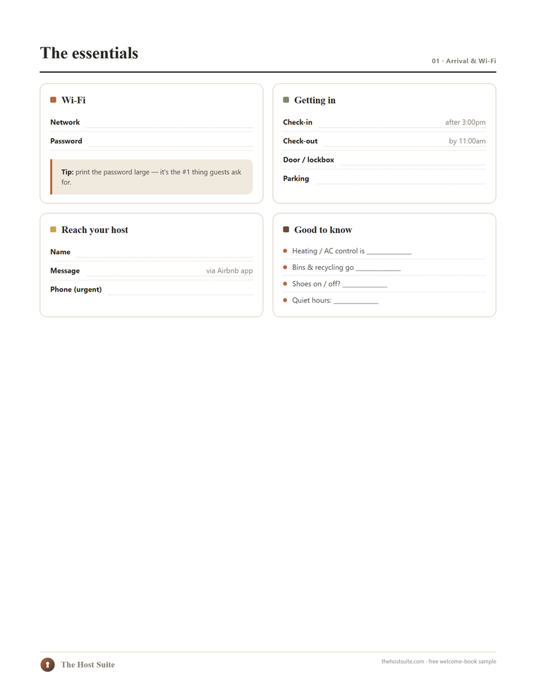 The essentials page of the free Airbnb welcome book template — Wi-Fi, check-in and check-out, host contact and good-to-know cards